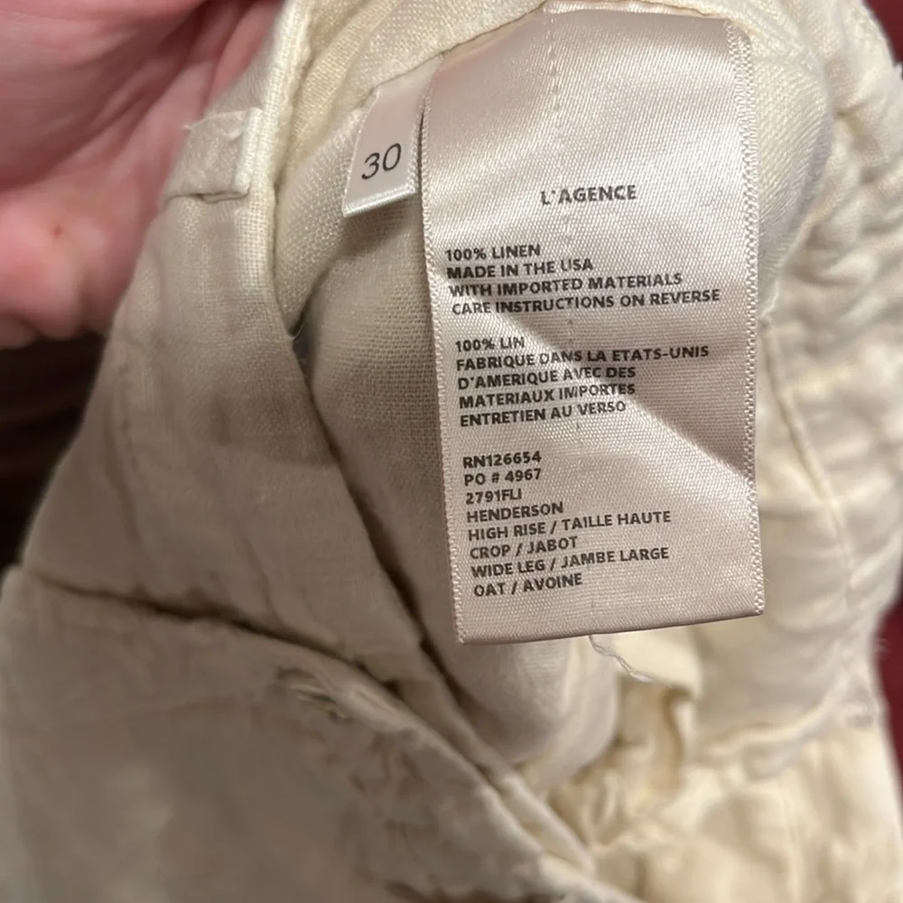 L’AGENCE Henderson High Rise Crop Wide Leg 100% Linen Pants in Oat Color Size 30 - Picture 8 of 11